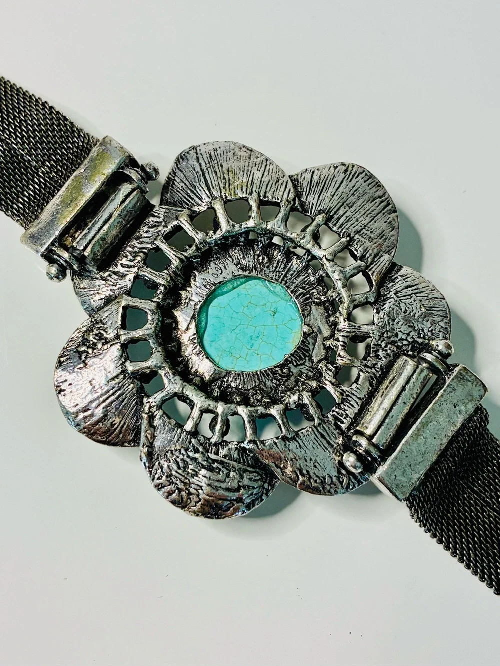 Faux Turquoise Center Floral Silver Bracelet - Women Jewelry Oversized Casual